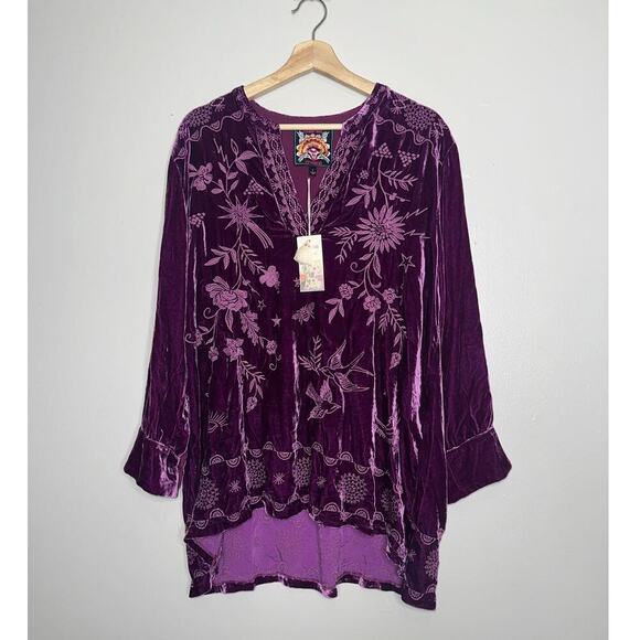 Johnny Was NWT $365 Henley Voyager Tunic Velvet Embroidered Purple Size Large - Picture 2 of 8